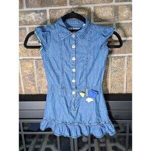GUESS Kids Denim Dress Size 6 Blue Ruffle Rhinestone Western Boho CHIC Sleeveles